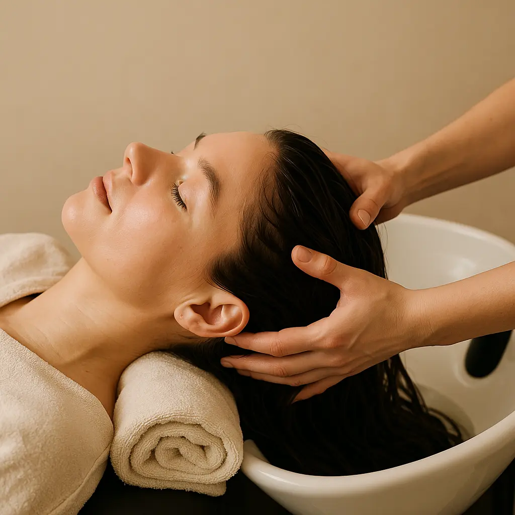 Relaxing head spa treatment showcasing professional scalp massage and hair care